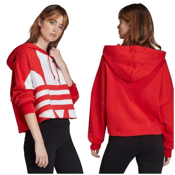 adidas | Women | Red White Big Trefoil Cropped Sporty Hooded Sweatshirt | Small - Picture 14 of 15